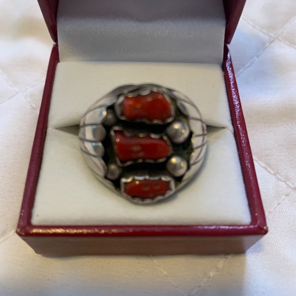 Red Coral & Silver Navajo Style Men's Size 12 Ring - Picture 2 of 6